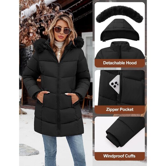 Women's Winter Warm Puffer Coat Thicken Parka Jacket with Removable Fur Hood, Wa - Picture 3 of 6